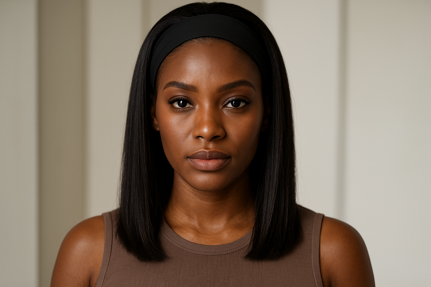 Generated image of a shorter straight headband wig on a Black woman model