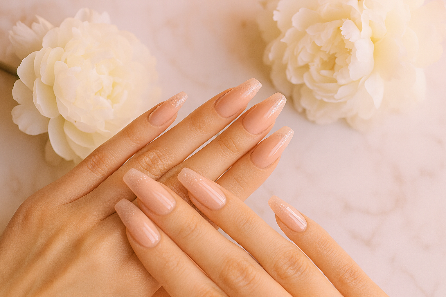 Hand model with press-on nails - marble and peonies backdrop