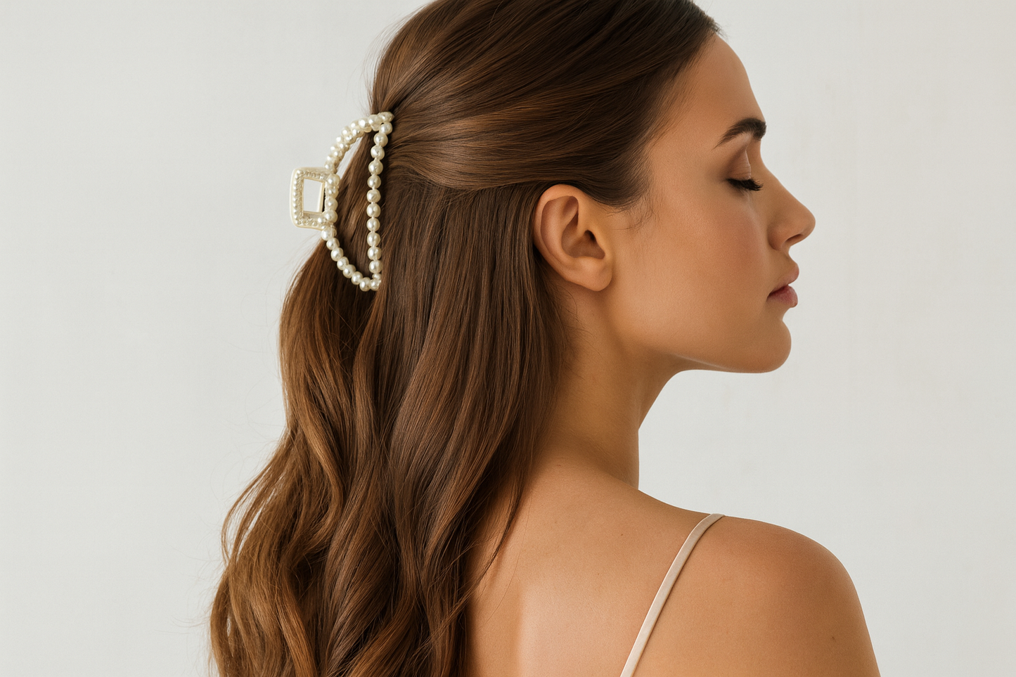 Model wearing pearl claw clip in hair