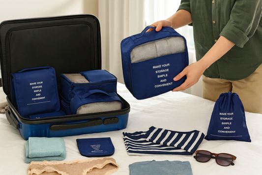 Person packing vacation bags with blue packing cubes