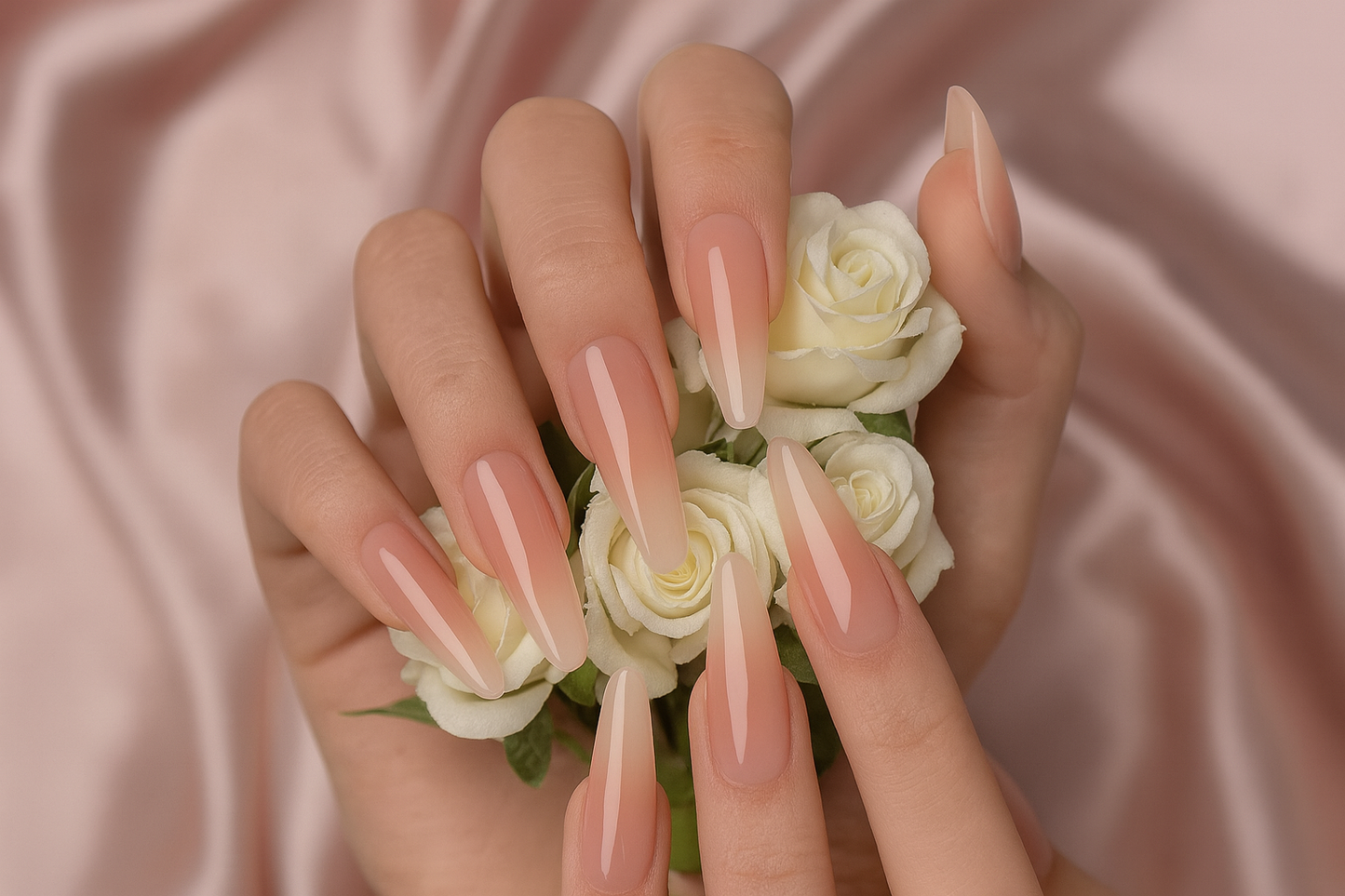 Press-on nails with roses and silk backdrop